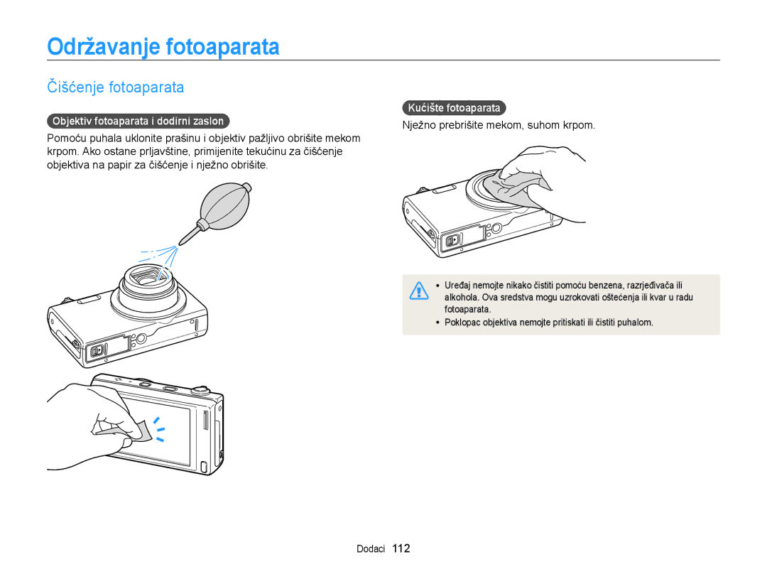 Samsung EC-WB210ZBPSE3 manual Održavanje fotoaparata, Čišćenje fotoaparata, Objektiv fotoaparata i dodirni zaslon 