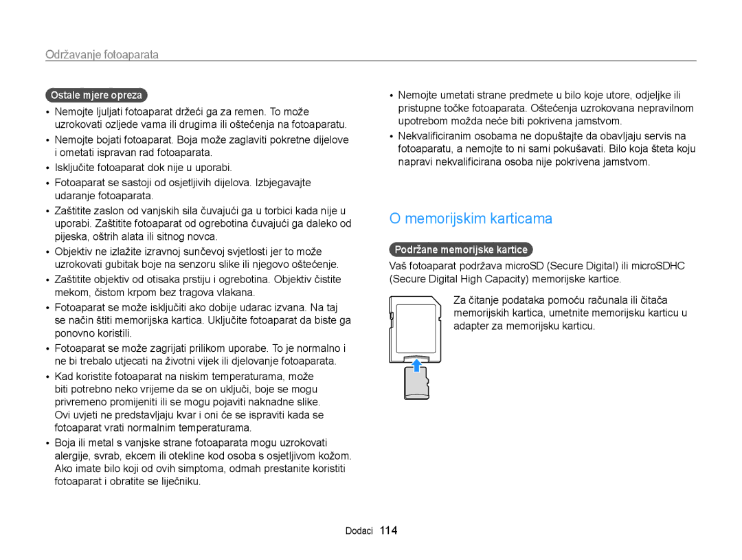 Samsung EC-WB210ZBPSE3 manual Memorijskim karticama, Ostale mjere opreza, Podržane memorijske kartice 