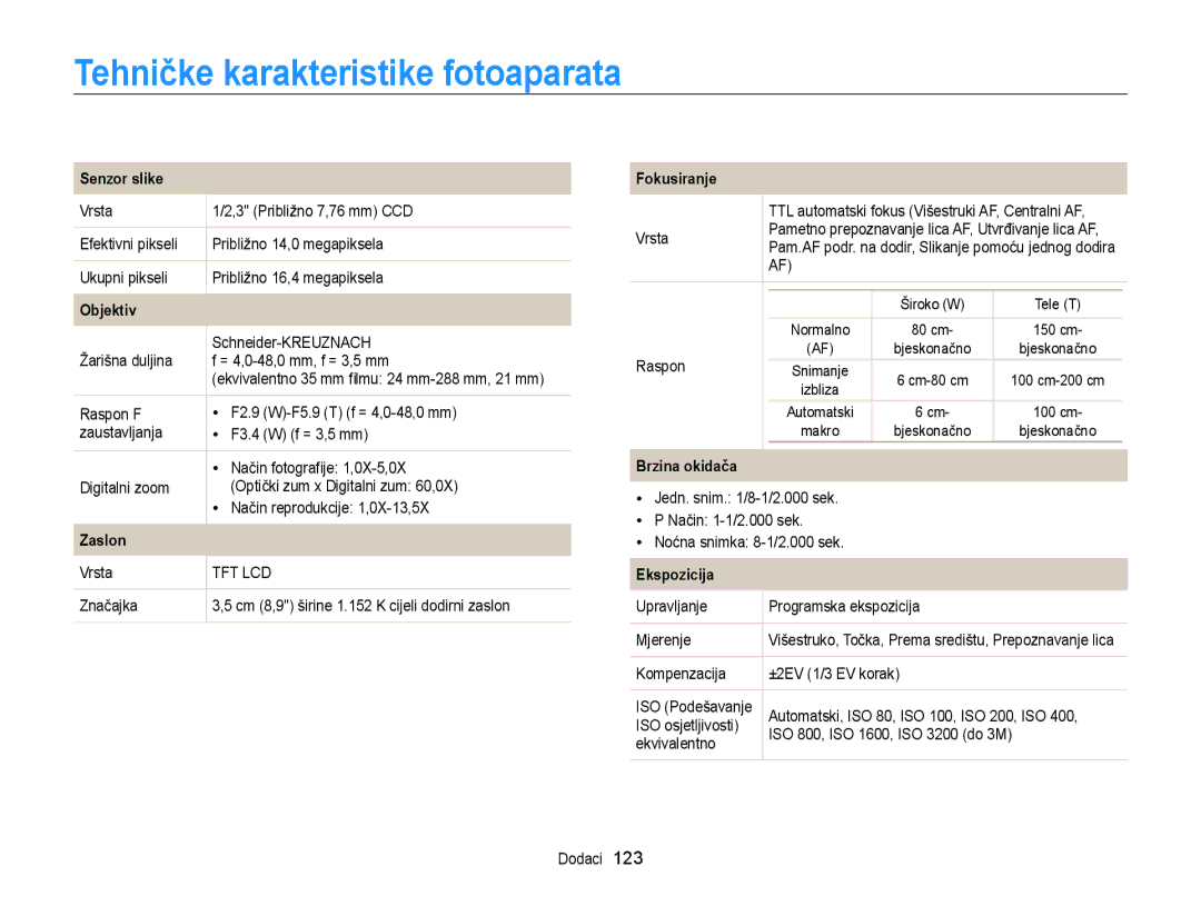 Samsung EC-WB210ZBPSE3 manual Tehničke karakteristike fotoaparata 