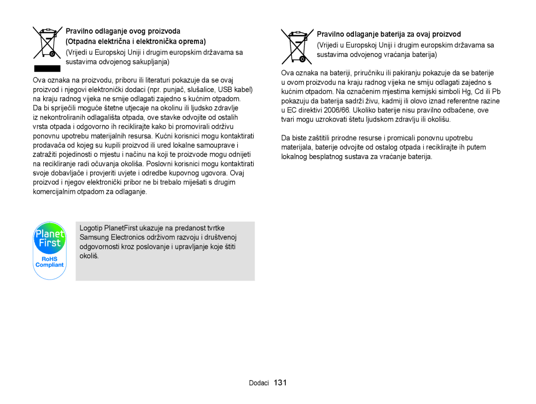 Samsung EC-WB210ZBPSE3 manual Pravilno odlaganje baterija za ovaj proizvod 