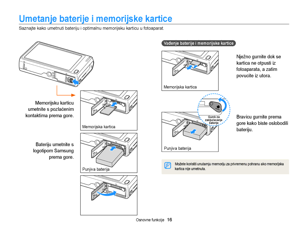 Samsung EC-WB210ZBPSE3 manual Umetanje baterije i memorijske kartice, Bateriju, Vađenje baterije i memorijske kartice 