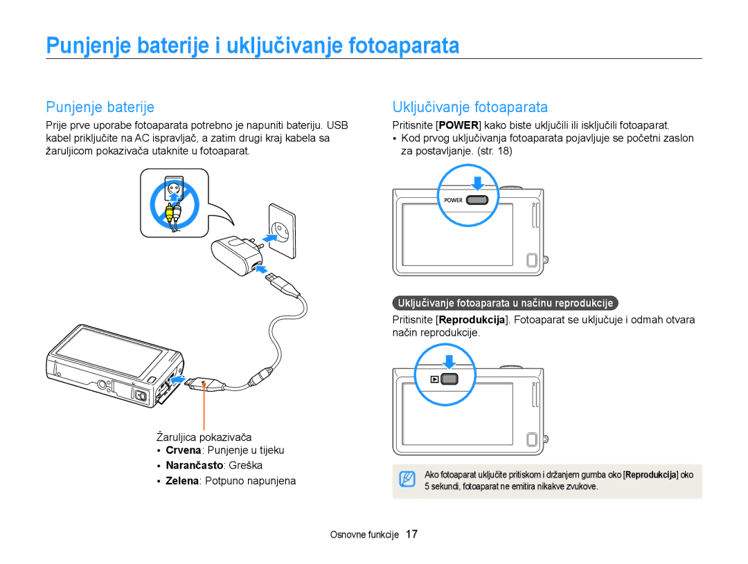 Samsung EC-WB210ZBPSE3 manual Punjenje baterije i uključivanje fotoaparata, Uključivanje fotoaparata, Narančasto Greška 