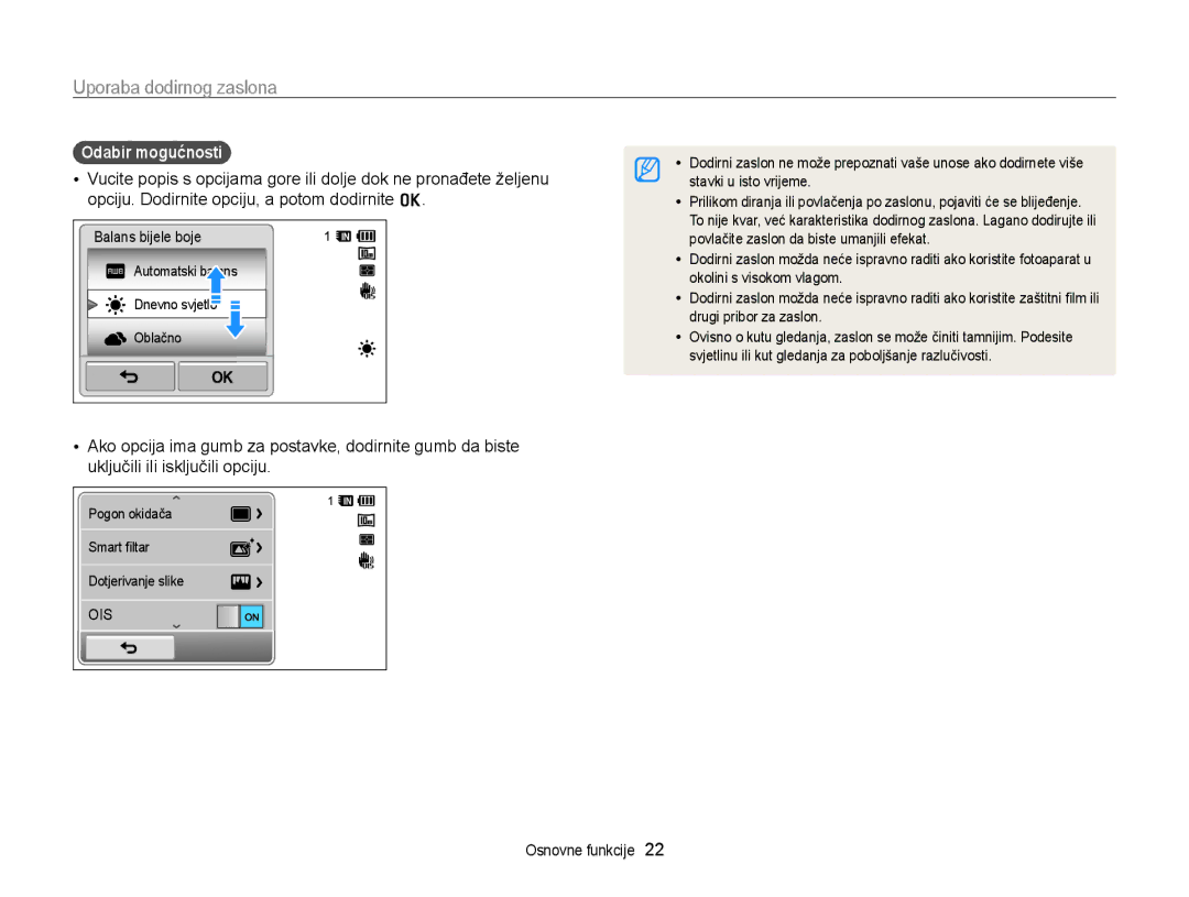 Samsung EC-WB210ZBPSE3 manual Uporaba dodirnog zaslona, Odabir mogućnosti 