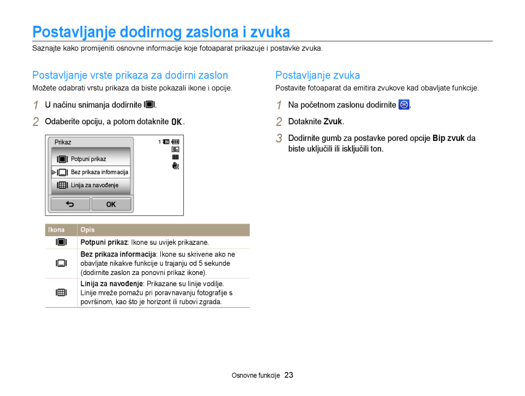 Samsung EC-WB210ZBPSE3 manual Postavljanje dodirnog zaslona i zvuka, Postavljanje vrste prikaza za dodirni zaslon 