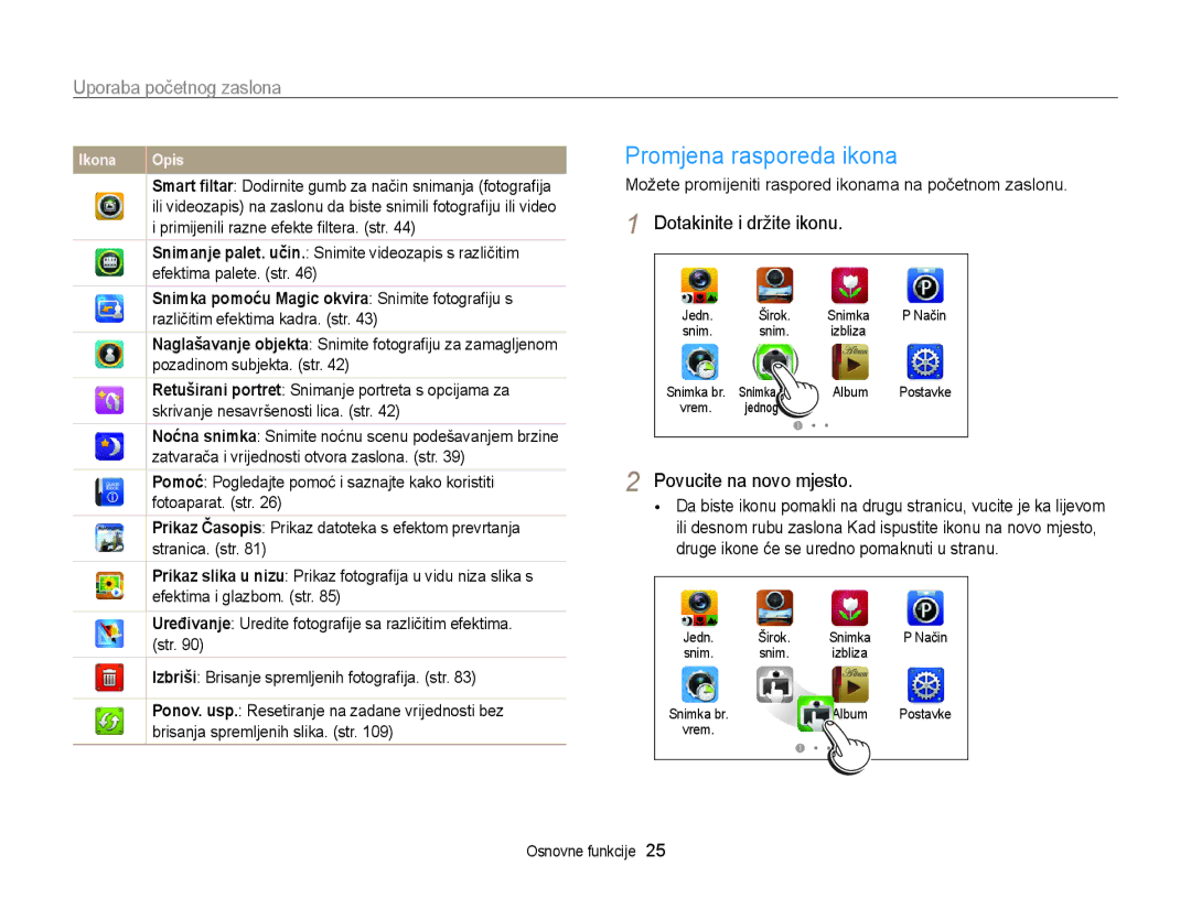 Samsung EC-WB210ZBPSE3 manual Promjena rasporeda ikona, Uporaba početnog zaslona, Dotakinite i držite ikonu 