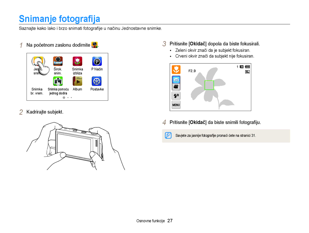 Samsung EC-WB210ZBPSE3 manual Snimanje fotograﬁja, Pritisnite Okidač da biste snimili fotograﬁju 