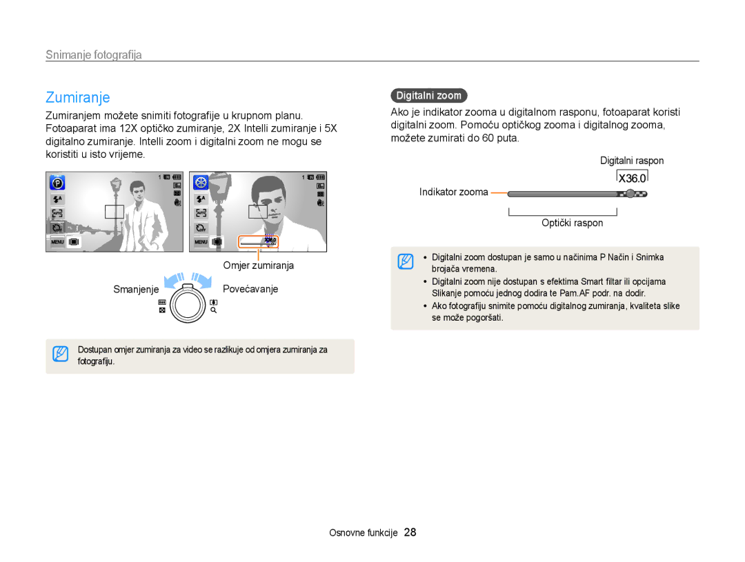 Samsung EC-WB210ZBPSE3 manual Zumiranje, Snimanje fotograﬁja, Digitalni zoom 