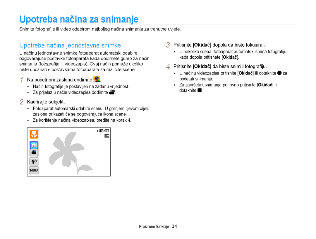 Samsung EC-WB210ZBPSE3 manual Upotreba načina za snimanje, Upotreba načina jednostavne snimke, Kadrirajte subjekt 