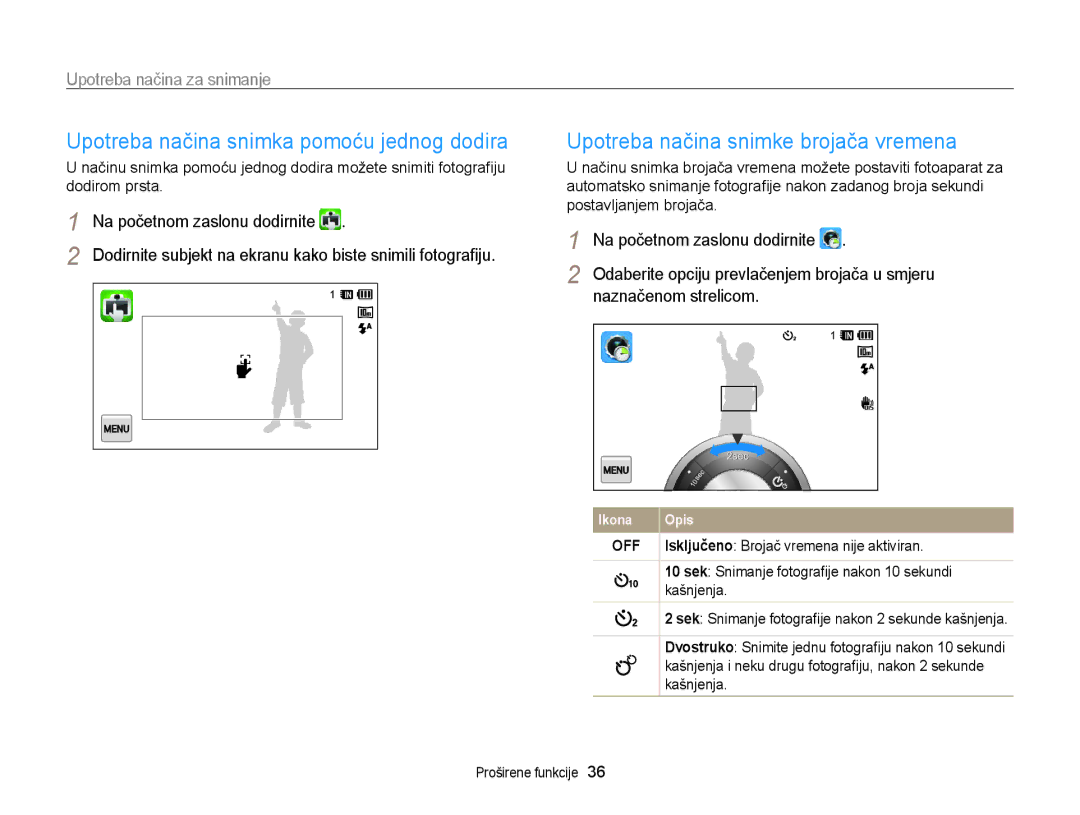 Samsung EC-WB210ZBPSE3 manual Upotreba načina snimka pomoću jednog dodira, Upotreba načina snimke brojača vremena 