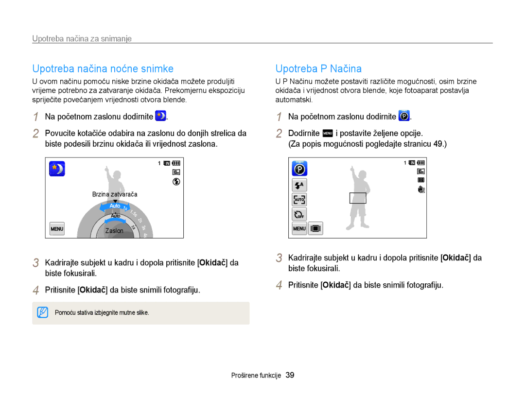 Samsung EC-WB210ZBPSE3 manual Upotreba načina noćne snimke, Upotreba P Načina, Dodirnite m i postavite željene opcije 