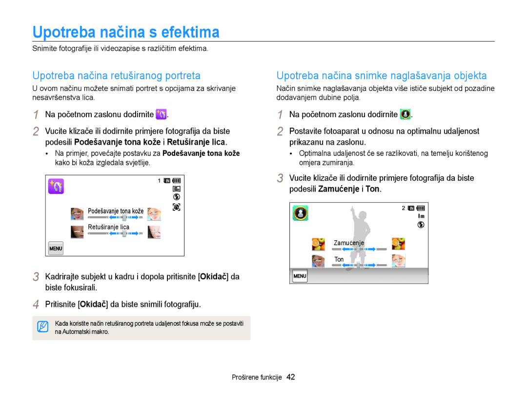 Samsung EC-WB210ZBPSE3 manual Upotreba načina s efektima, Upotreba načina retuširanog portreta, Prikazanu na zaslonu 