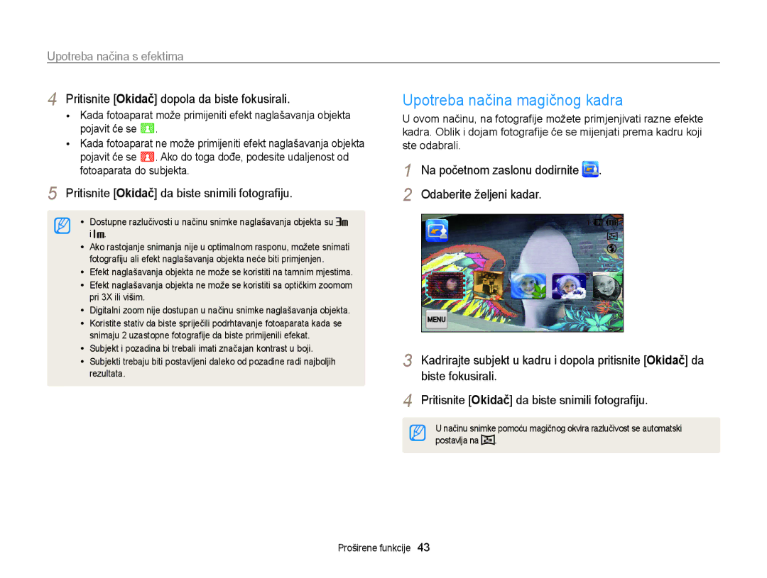 Samsung EC-WB210ZBPSE3 manual Upotreba načina magičnog kadra, Upotreba načina s efektima, Odaberite željeni kadar 