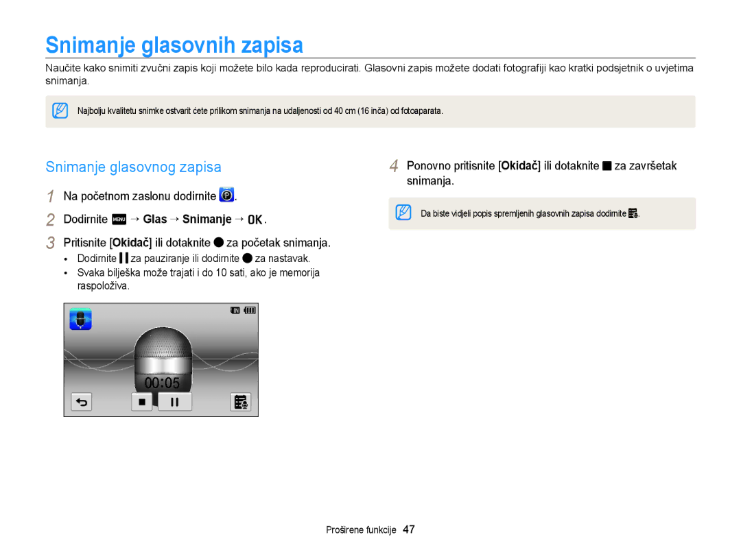 Samsung EC-WB210ZBPSE3 manual Snimanje glasovnih zapisa, Snimanje glasovnog zapisa, Dodirnite m ““Glas ““Snimanje ““o 