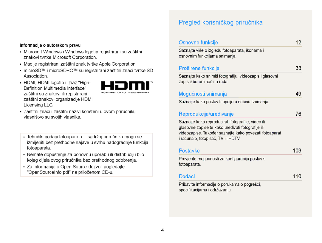 Samsung EC-WB210ZBPSE3 manual Pregled korisničkog priručnika, Informacije o autorskom pravu 