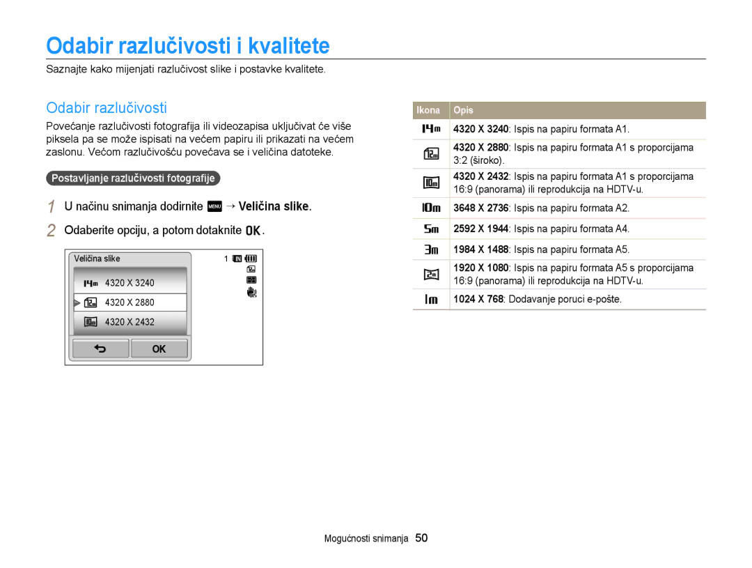 Samsung EC-WB210ZBPSE3 manual Odabir razlučivosti i kvalitete, Postavljanje razlučivosti fotograﬁje 