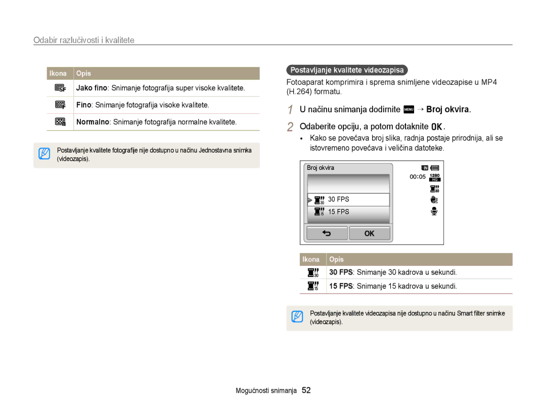 Samsung EC-WB210ZBPSE3 manual Odabir razlučivosti i kvalitete, Postavljanje kvalitete videozapisa 