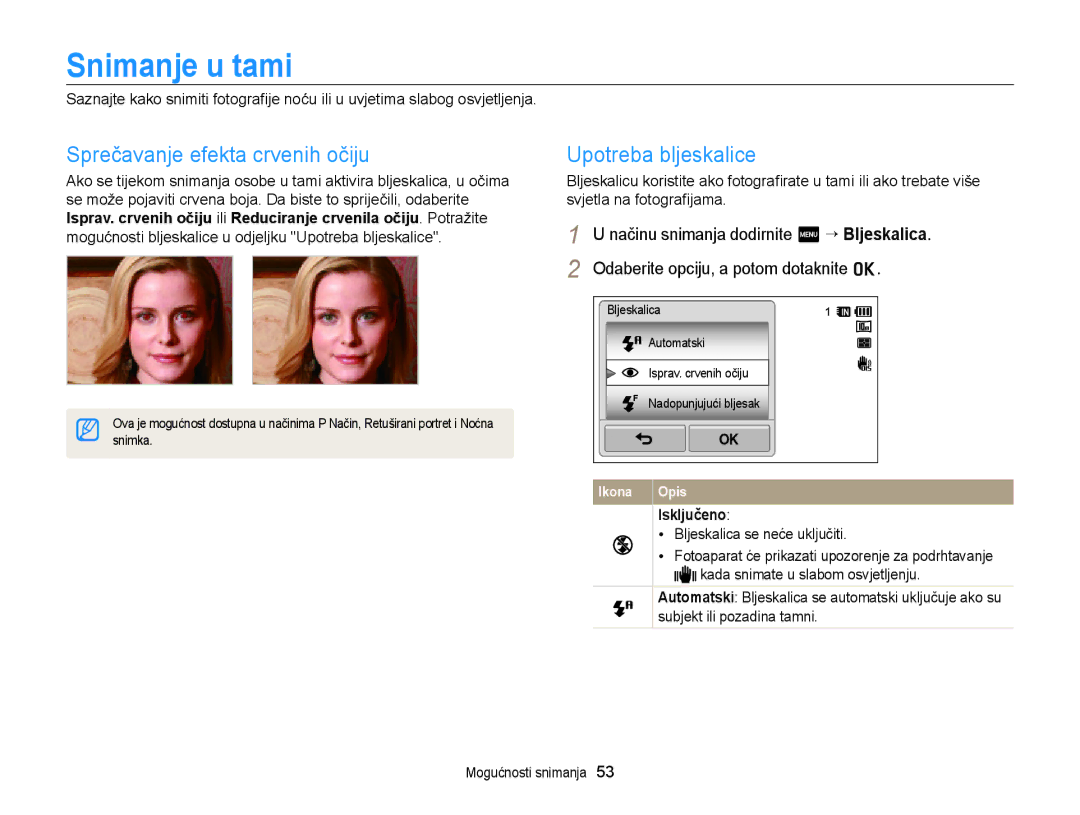 Samsung EC-WB210ZBPSE3 manual Snimanje u tami, Sprečavanje efekta crvenih očiju, Neće uključiti 