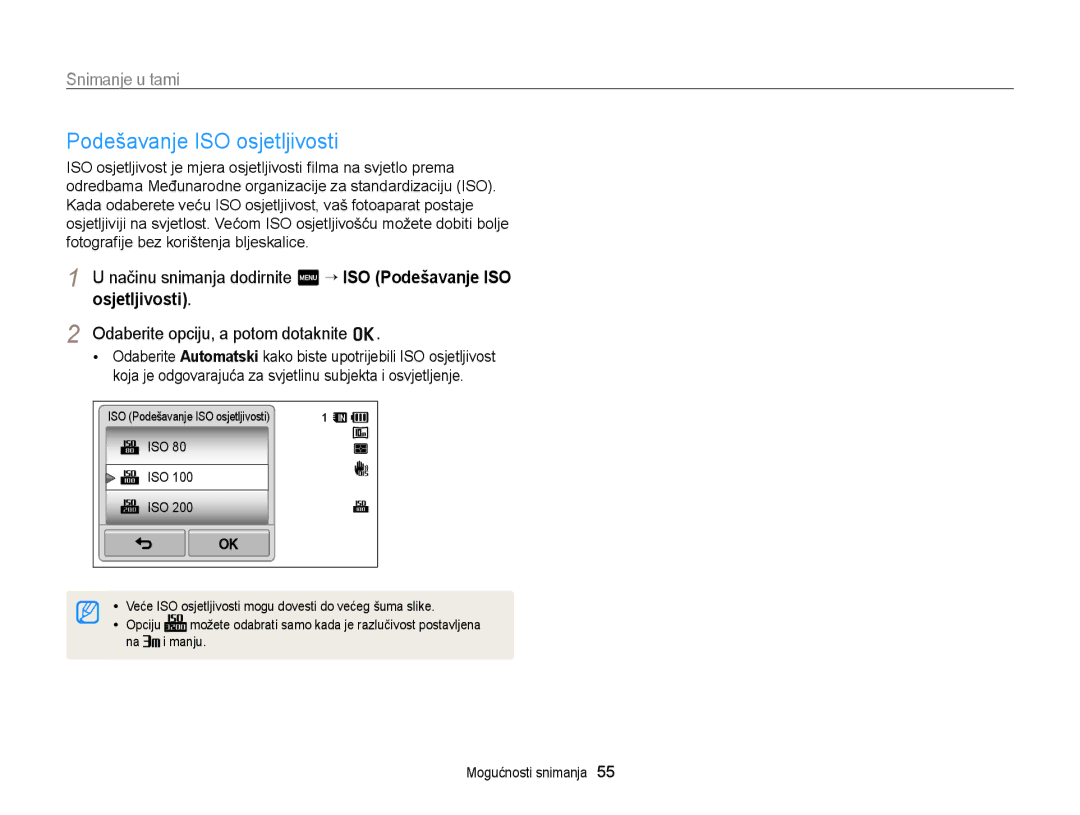 Samsung EC-WB210ZBPSE3 manual Podešavanje ISO osjetljivosti, Odaberite opciju, a potom dotaknite o 