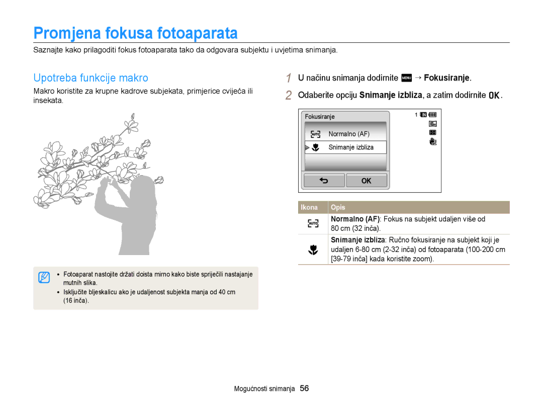 Samsung EC-WB210ZBPSE3 manual Promjena fokusa fotoaparata, Upotreba funkcije makro 