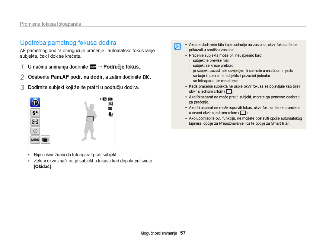 Samsung EC-WB210ZBPSE3 manual Upotreba pametnog fokusa dodira, Promjena fokusa fotoaparata 