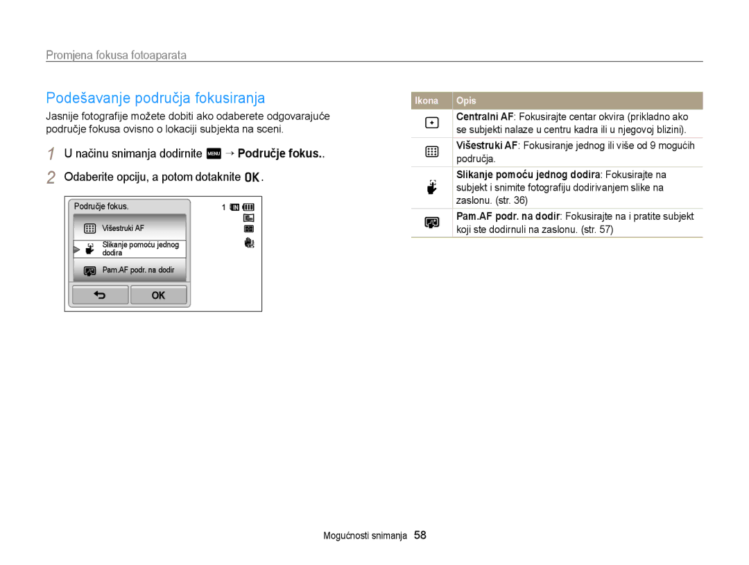 Samsung EC-WB210ZBPSE3 manual Podešavanje područja fokusiranja, Područja, Zaslonu. str, Koji ste dodirnuli na zaslonu. str 