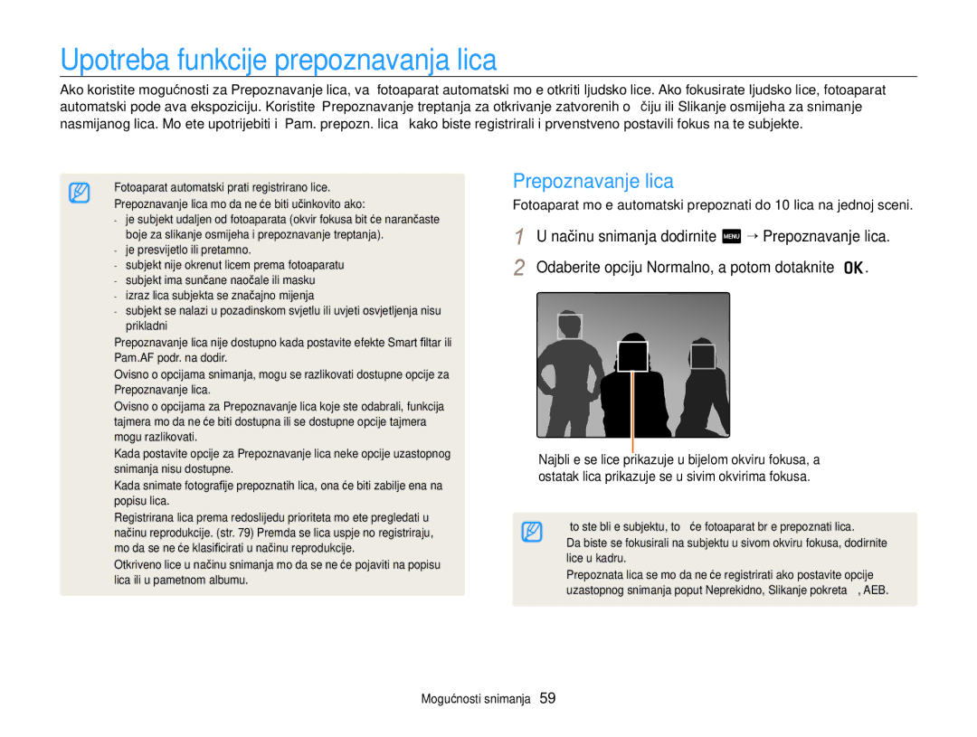 Samsung EC-WB210ZBPSE3 manual Upotreba funkcije prepoznavanja lica, Odaberite opciju Normalno, a potom dotaknite o 