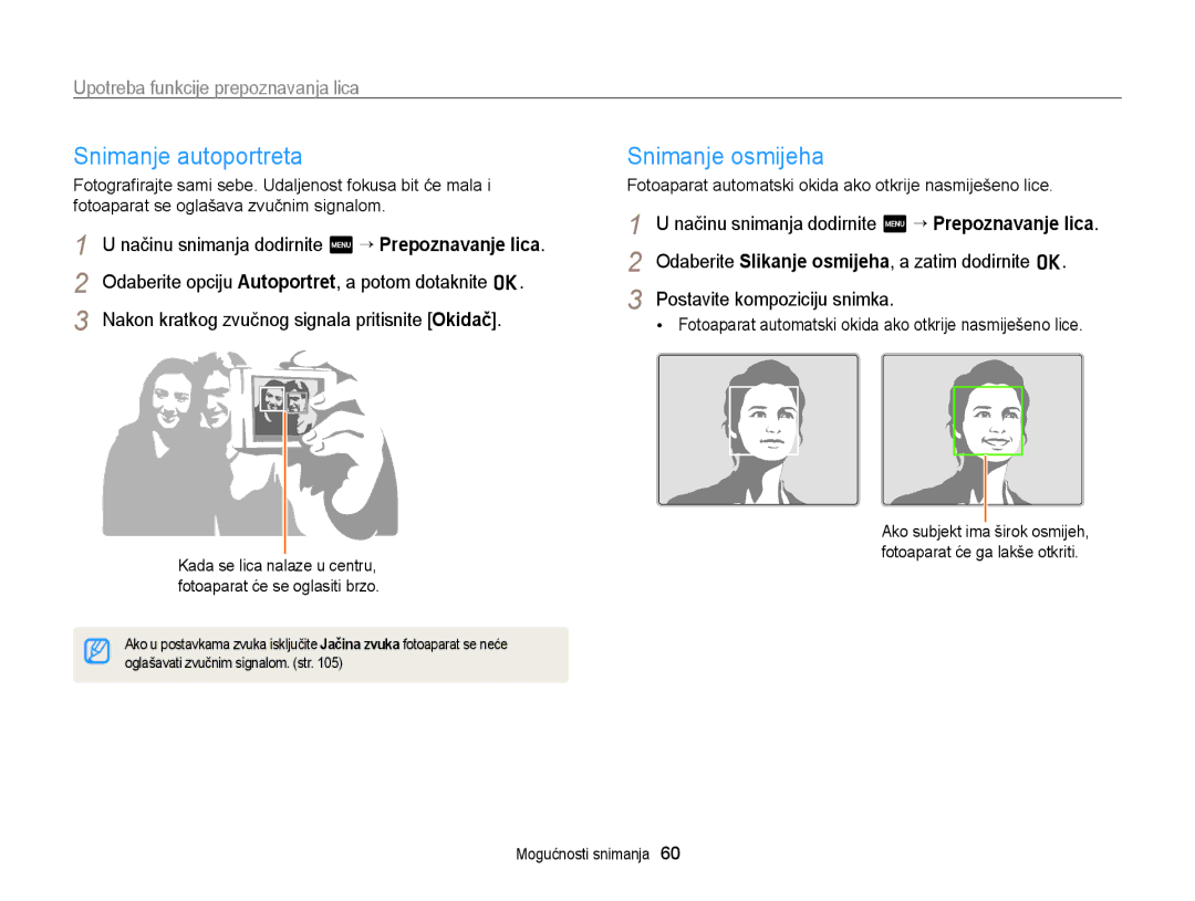 Samsung EC-WB210ZBPSE3 manual Snimanje autoportreta, Snimanje osmijeha, Upotreba funkcije prepoznavanja lica 
