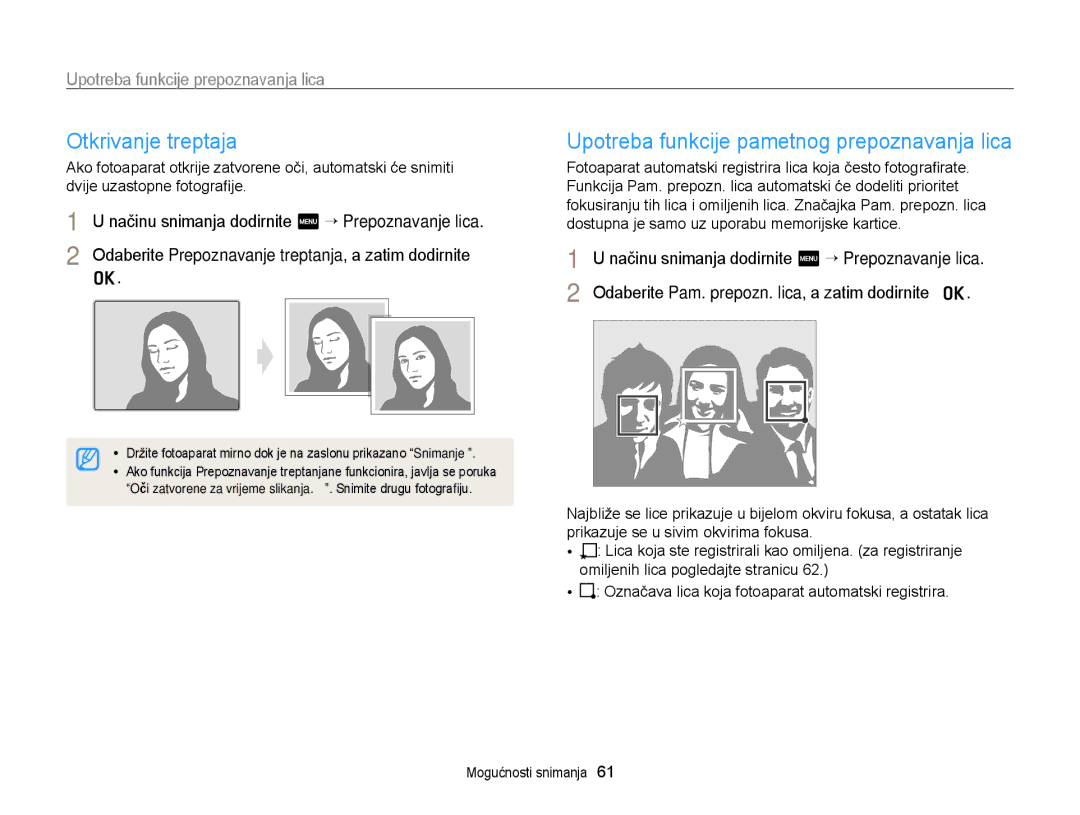 Samsung EC-WB210ZBPSE3 manual Otkrivanje treptaja, Upotreba funkcije pametnog prepoznavanja lica 