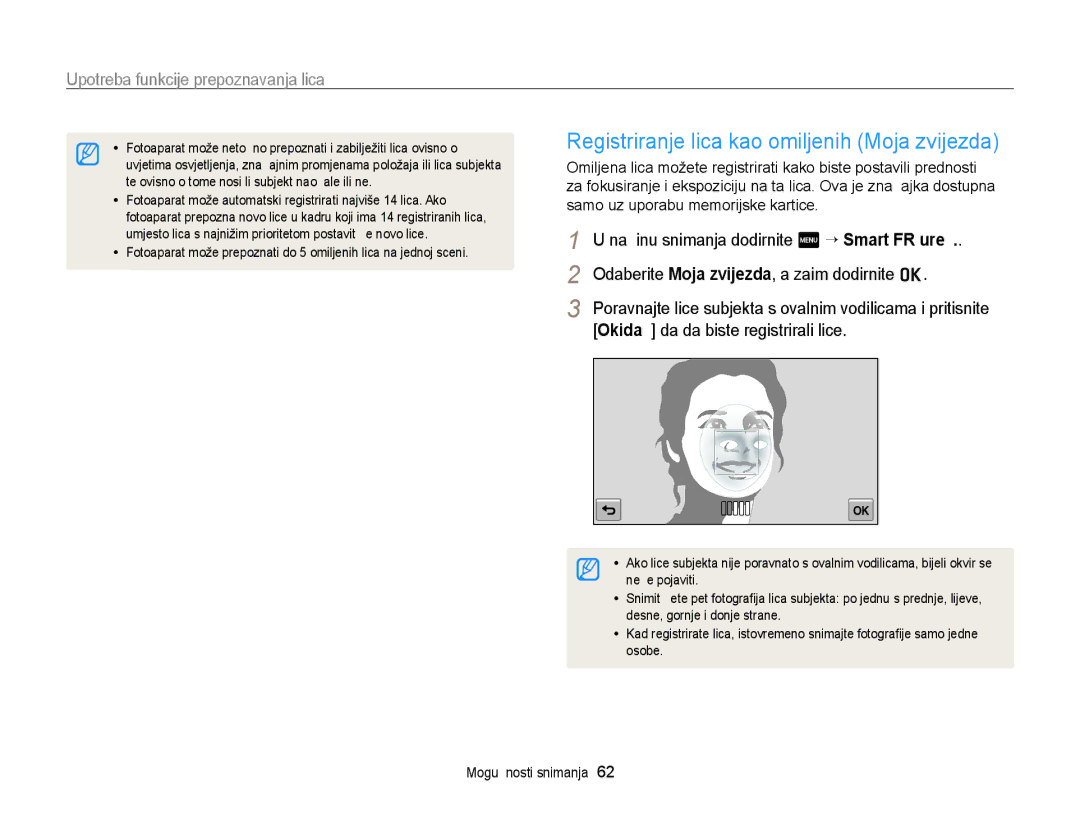 Samsung EC-WB210ZBPSE3 manual Registriranje lica kao omiljenih Moja zvijezda, Odaberite Moja zvijezda, a zaim dodirnite o 