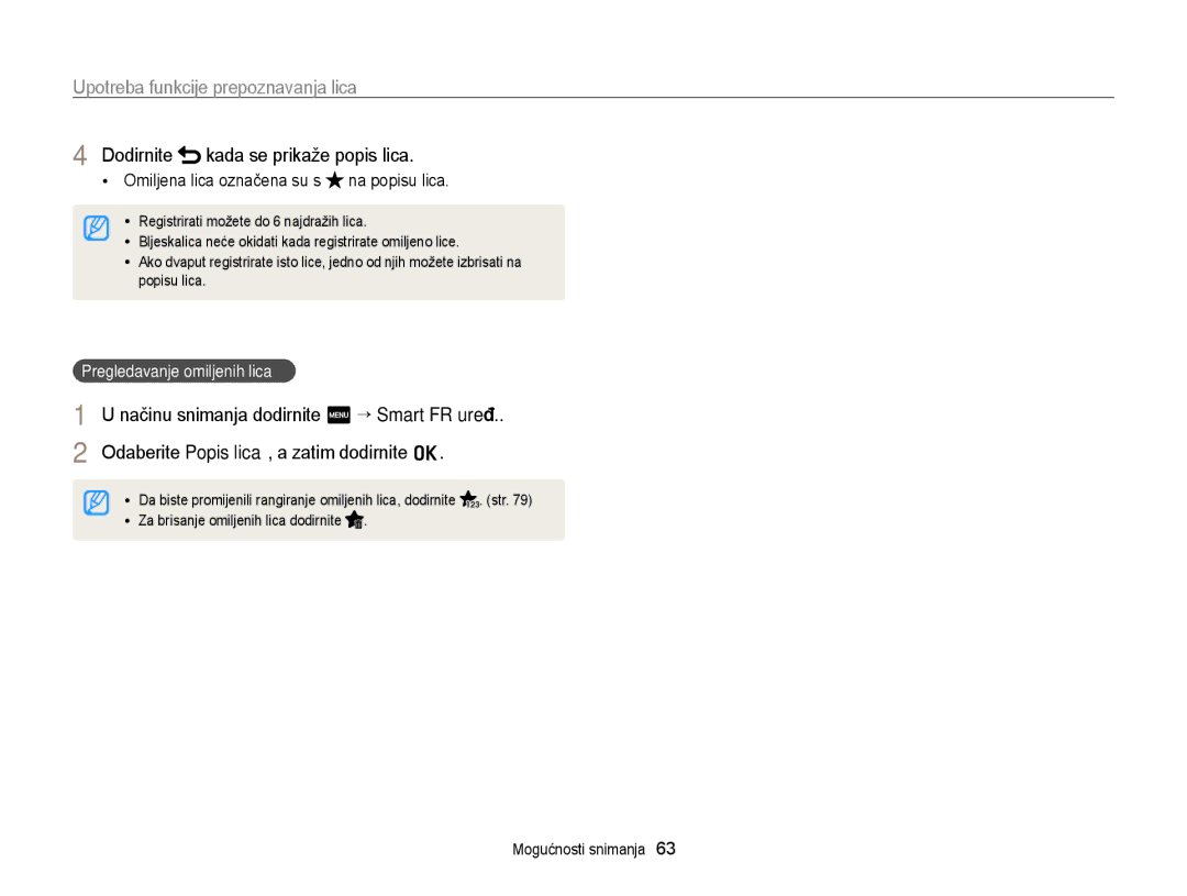 Samsung EC-WB210ZBPSE3 manual Omiljena lica označena su s na popisu lica, Pregledavanje omiljenih lica 