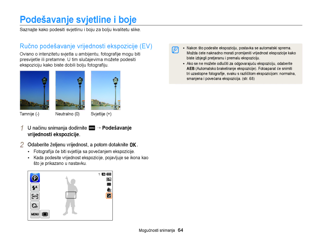 Samsung EC-WB210ZBPSE3 manual Podešavanje svjetline i boje, Ručno podešavanje vrijednosti ekspozicije EV, Tamnije Neutralno 