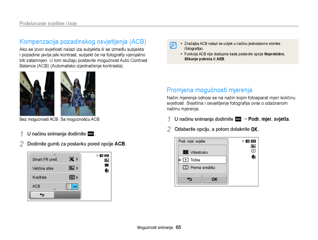 Samsung EC-WB210ZBPSE3 manual Kompenzacija pozadinskog osvjetljenja ACB, Podešavanje svjetline i boje 