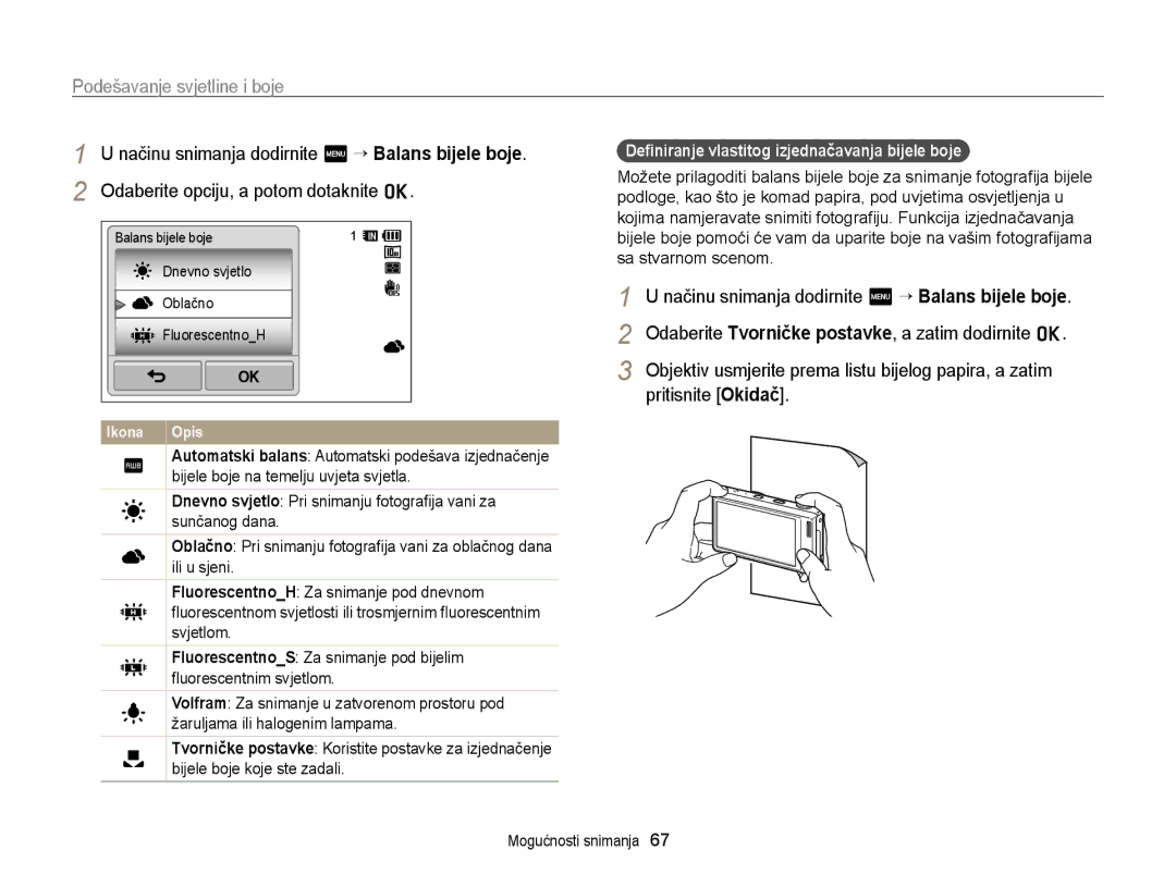 Samsung EC-WB210ZBPSE3 manual Deﬁniranje vlastitog izjednačavanja bijele boje 