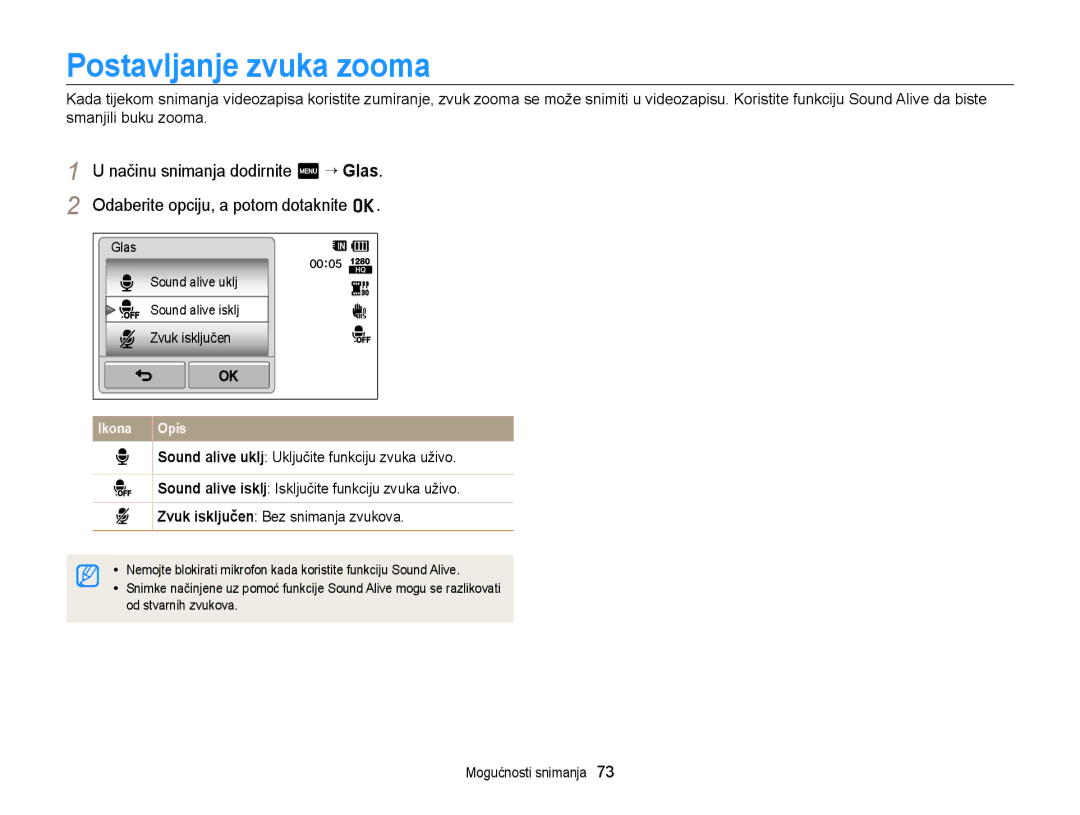 Samsung EC-WB210ZBPSE3 manual Postavljanje zvuka zooma 