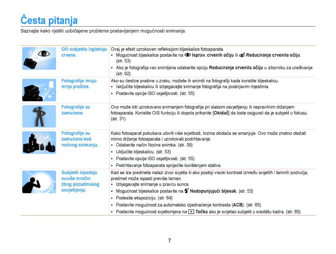 Samsung EC-WB210ZBPSE3 manual Česta pitanja, Reduciranje crvenila očiju, Nadopunjujući bljesak. str 