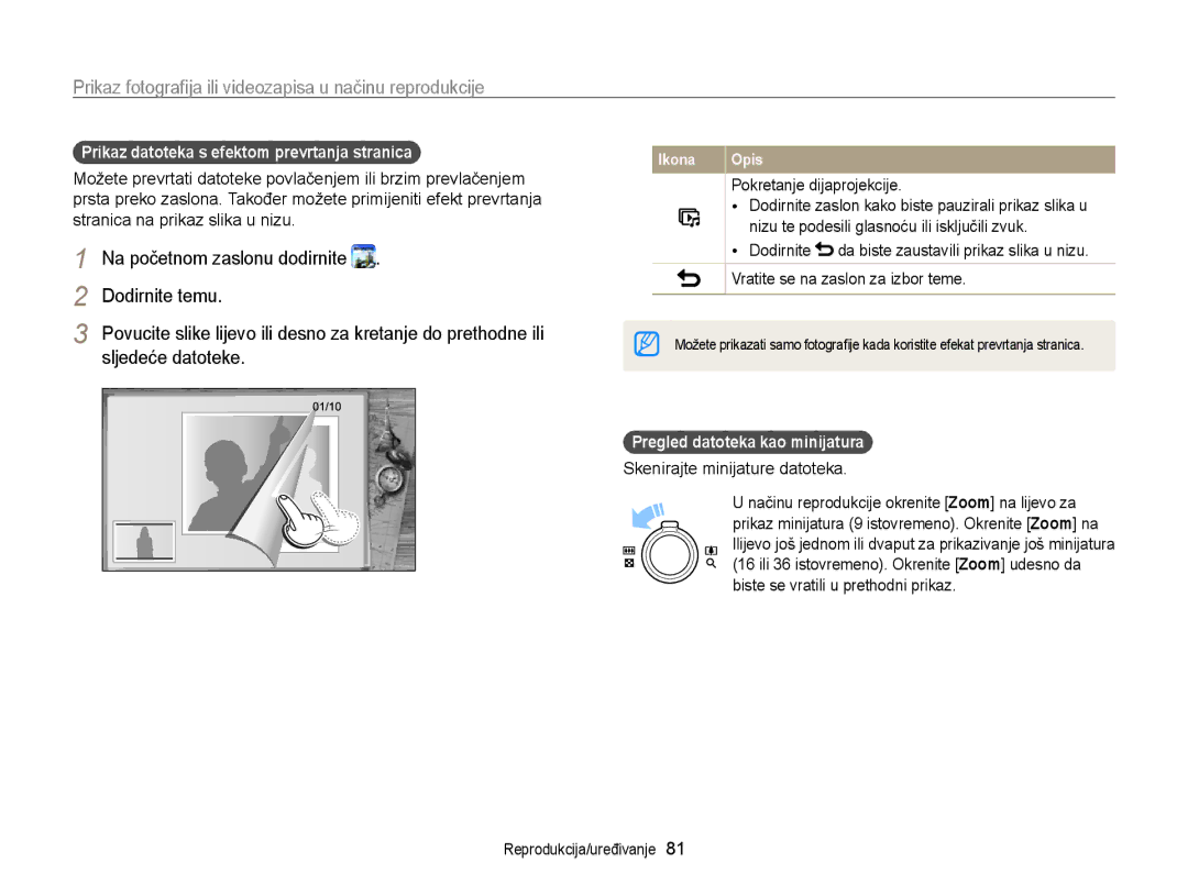 Samsung EC-WB210ZBPSE3 manual Dodirnite temu, Sljedeće datoteke, Prikaz datoteka s efektom prevrtanja stranica 