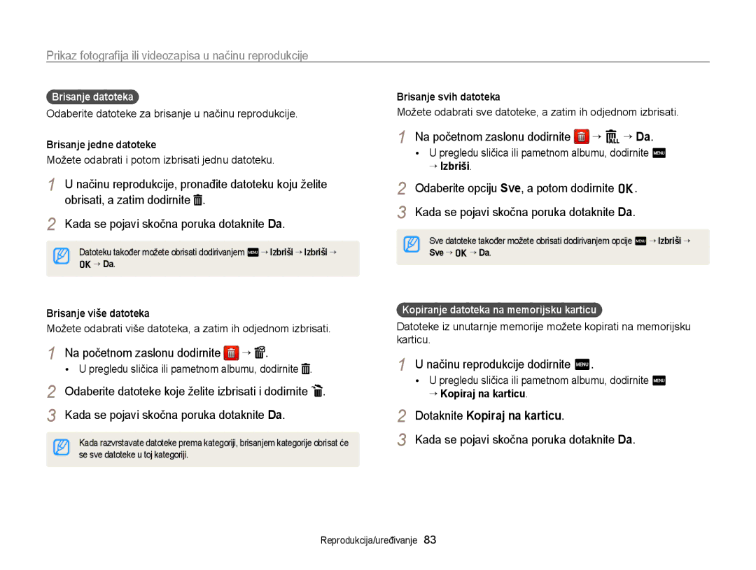 Samsung EC-WB210ZBPSE3 manual Na početnom zaslonu dodirnite “ “ Da, Na početnom zaslonu dodirnite ““, Brisanje datoteka 