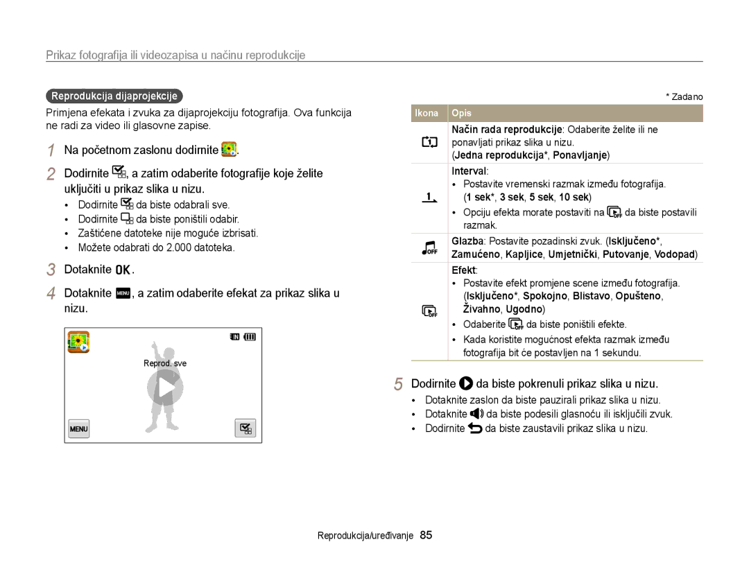 Samsung EC-WB210ZBPSE3 manual Uključiti u prikaz slika u nizu, Dotaknite o, Nizu, Reprodukcija dijaprojekcije 