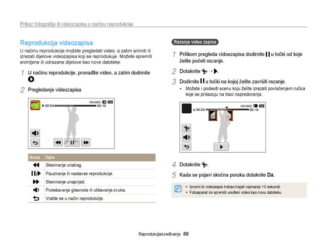 Samsung EC-WB210ZBPSE3 manual Reprodukcija videozapisa, Pregledanje videozapisa, Želite početi rezanje, Dotaknite Dodirnite 