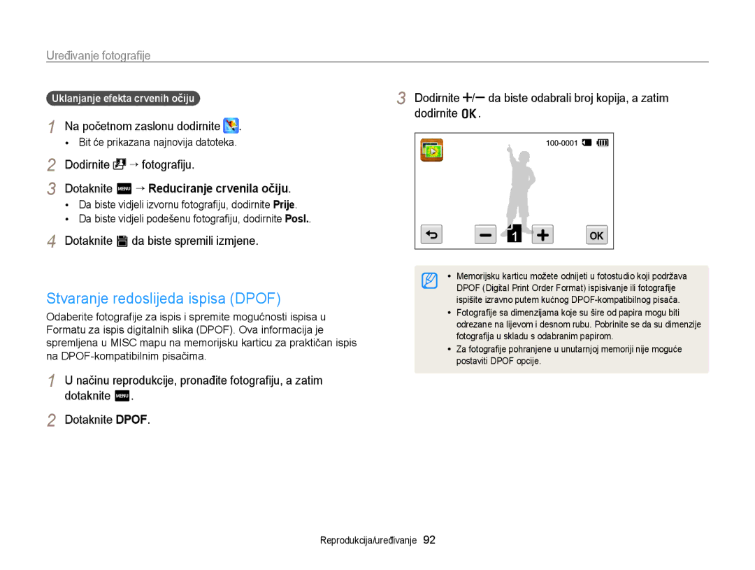 Samsung EC-WB210ZBPSE3 Stvaranje redoslijeda ispisa Dpof, Dotaknite m, Dotaknite Dpof, Uklanjanje efekta crvenih očiju 