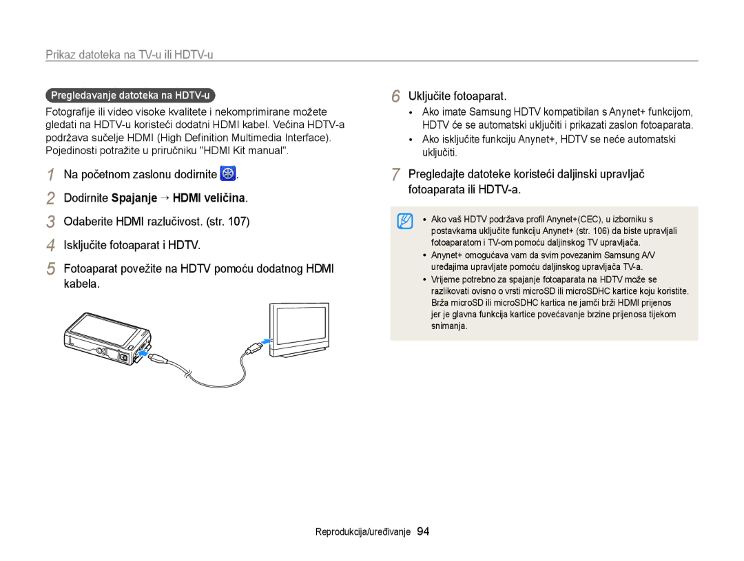 Samsung EC-WB210ZBPSE3 Prikaz datoteka na TV-u ili HDTV-u, Odaberite Hdmi razlučivost. str, Isključite fotoaparat i Hdtv 