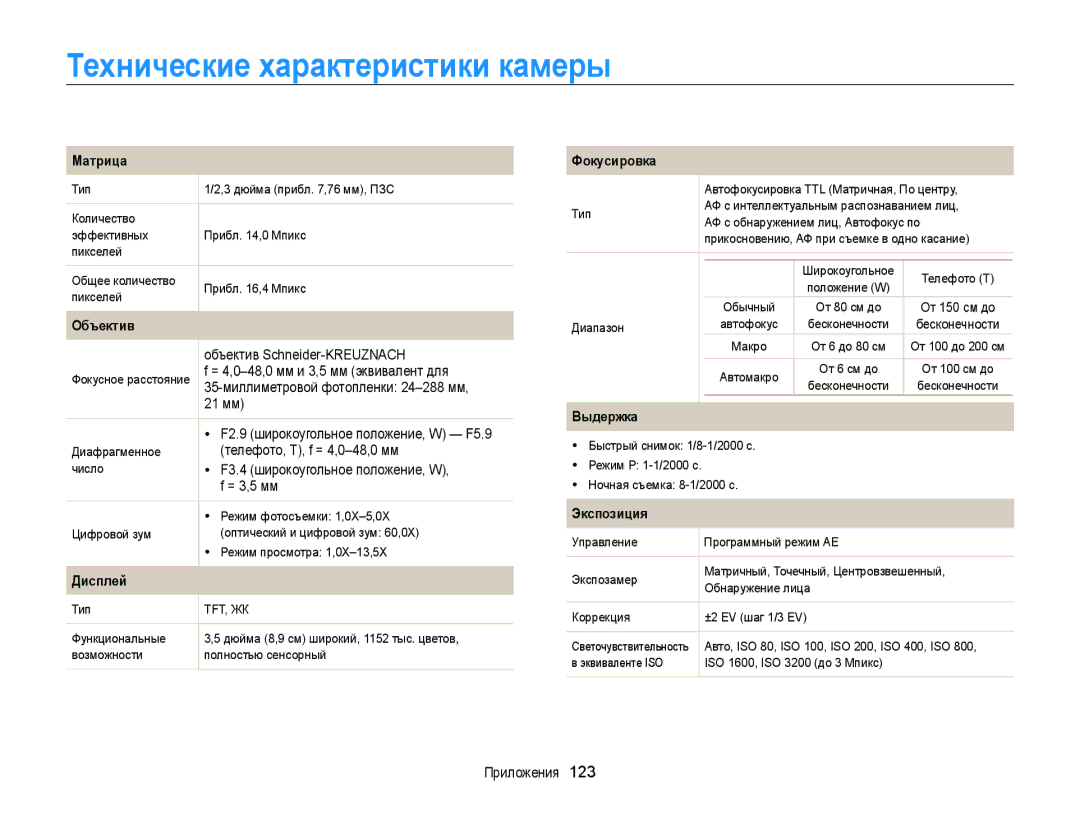 Samsung EC-WB210ZBPSRU, EC-WB210ZBPBRU manual Технические характеристики камеры 