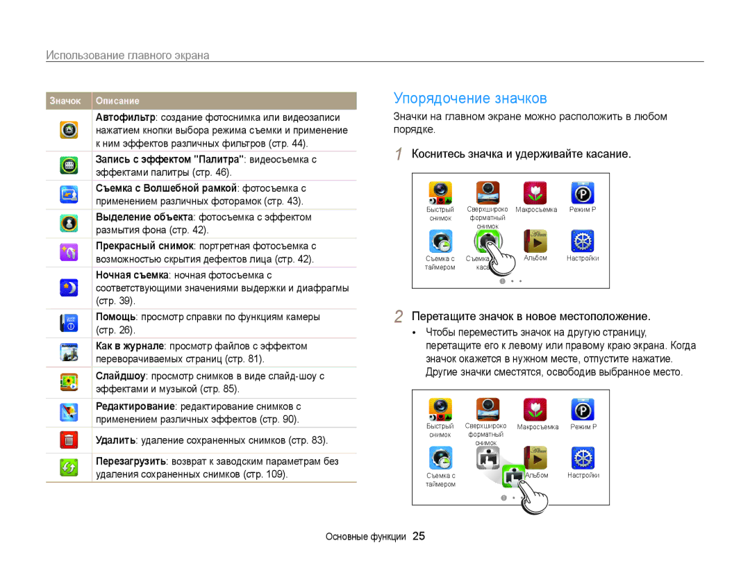 Samsung EC-WB210ZBPSRU manual Упорядочение значков, Использование главного экрана, Коснитесь значка и удерживайте касание 