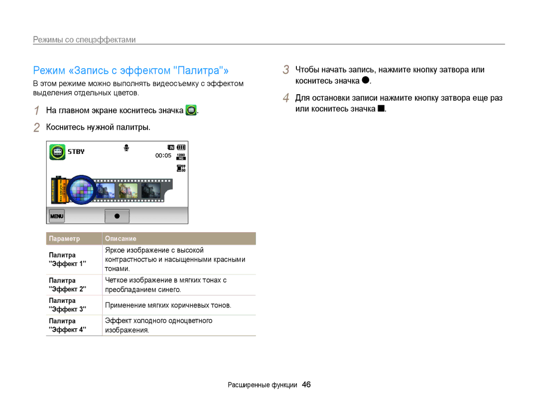 Samsung EC-WB210ZBPBRU, EC-WB210ZBPSRU manual Режим «Запись с эффектом Палитра» 