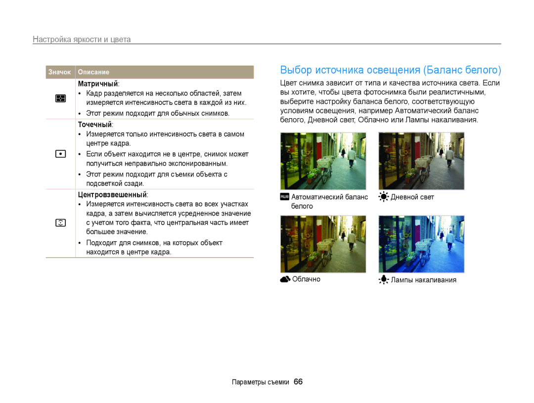 Samsung EC-WB210ZBPBRU, EC-WB210ZBPSRU manual Выбор источника освещения Баланс белого, Матричный, Точечный, Центровзвешенный 