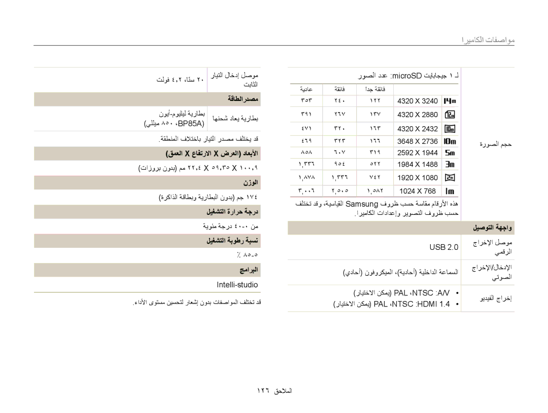 Samsung EC-WB210ZDPRIR ﺔﻗﺎﻄﻟﺍﺭﺪﺼﻣ, ﻖﻤﻌﻟﺍ X ﻉﺎﻔﺗﺭﻻﺍ X ﺽﺮﻌﻟﺍ ﺩﺎﻌﺑﻷﺍ, ﻥﺯﻮﻟﺍ, ﻞﻴﻐﺸﺘﻟﺍ ﺓﺭﺍﺮﺣ ﺔﺟﺭﺩ, ﻞﻴﻐﺸﺘﻟﺍ ﺔﺑﻮﻃﺭ ﺔﺒﺴﻧ ﺞﻣﺍﺮﺒﻟﺍ 