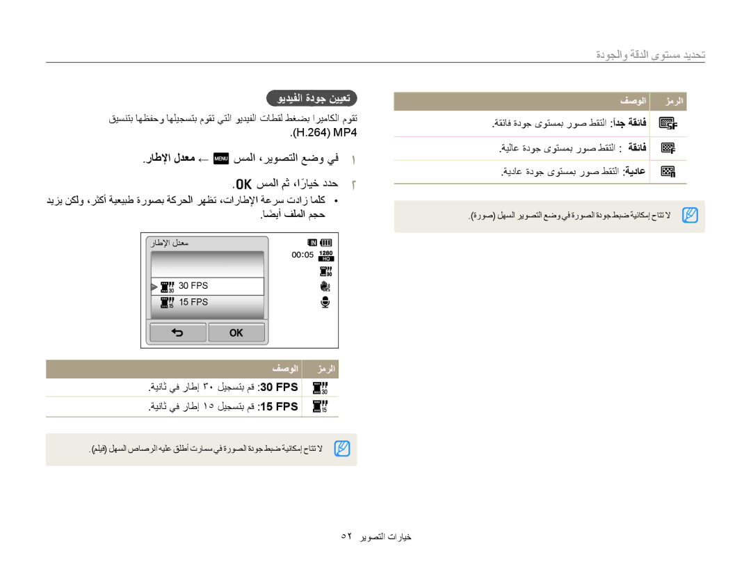 Samsung EC-WB210ZDPBIR, EC-WB210ZBPSSA manual ﺭﺎﻃﻹﺍ ﻝﺪﻌﻣ ← m ﺲﻤﻟﺍ ،ﺮﻳﻮﺼﺘﻟﺍ ﻊﺿﻭ ﻲﻓ ﺲﻤﻟﺍ ﻢﺛ ،ﺍﺭﺎﻴﺧً ﺩﺪﺣ, ﻮﻳﺪﻴﻔﻟﺍ ﺓﺩﻮﺟ ﻦﻴﻴﻌﺗ 