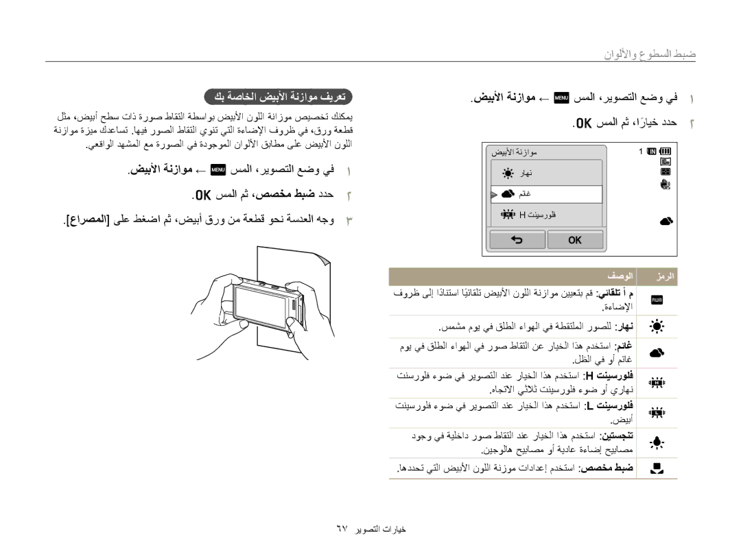 Samsung EC-WB210ZDPBME manual ﺾﻴﺑﻷﺍ ﺔﻧﺯﺍﻮﻣ ← m ﺲﻤﻟﺍ ،ﺮﻳﻮﺼﺘﻟﺍ ﻊﺿﻭ ﻲﻓ ﺲﻤﻟﺍ ﻢﺛ ،ﺍﺭﺎﻴﺧً ﺩﺪﺣ, ﻚﺑ ﺔﺻﺎﺨﻟﺍ ﺾﻴﺑﻷﺍ ﺔﻧﺯﺍﻮﻣ ﻒﻳﺮﻌﺗ 