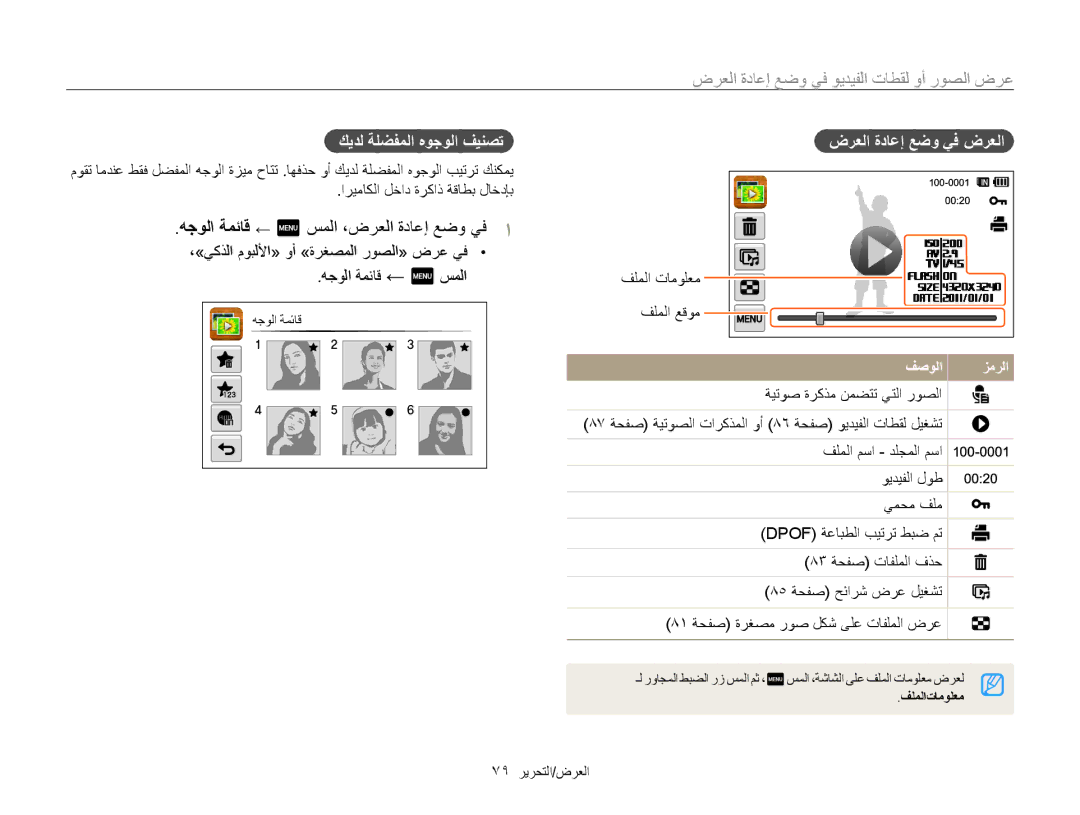 Samsung EC-WB210ZDPBIR manual ﻪﺟﻮﻟﺍ ﺔﻤﺋﺎﻗ ← m ﺲﻤﻟﺍ ،ﺽﺮﻌﻟﺍ ﺓﺩﺎﻋﺇ ﻊﺿﻭ ﻲﻓ, ﻚﻳﺪﻟ ﺔﻠﻀﻔﻤﻟﺍ ﻩﻮﺟﻮﻟﺍ ﻒﻴﻨﺼﺗ ﺽﺮﻌﻟﺍ ﺓﺩﺎﻋﺇ ﻊﺿﻭ ﻲﻓ ﺽﺮﻌﻟﺍ 