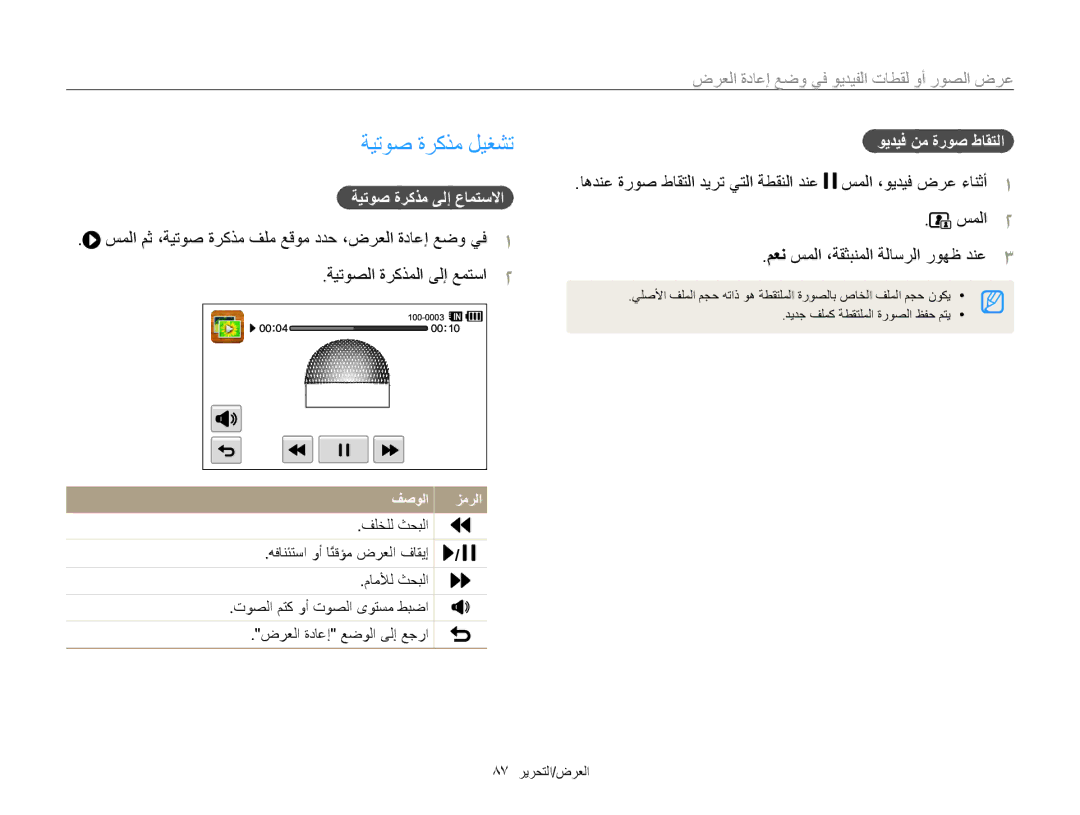 Samsung EC-WB210ZBPSIL, EC-WB210ZBPSSA, EC-WB210ZDPRIR ﺔﻴﺗﻮﺻ ﺓﺮﻛﺬﻣ ﻞﻴﻐﺸﺗ, ﺔﻴﺗﻮﺻ ﺓﺮﻛﺬﻣ ﻰﻟﺇ ﻉﺎﻤﺘﺳﻻﺍ, ﻮﻳﺪﻴﻓ ﻦﻣ ﺓﺭﻮﺻ ﻁﺎﻘﺘﻟﺍ 